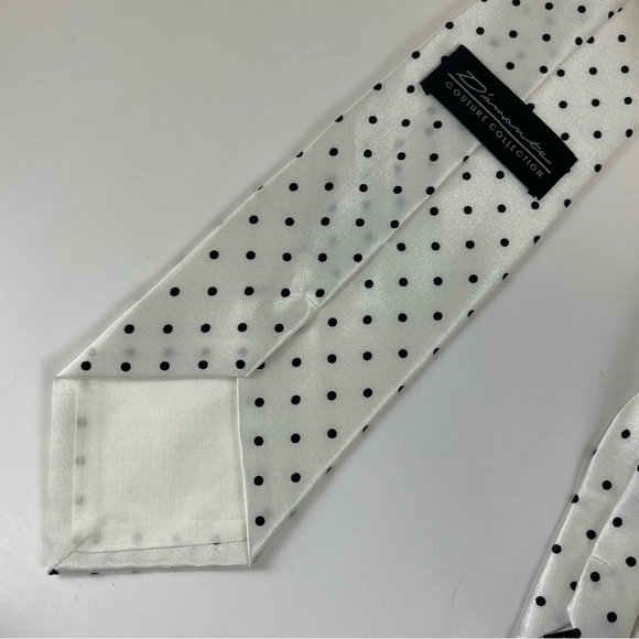 D'Amante Couture Mens Tie Necktie White Black Small Polka Dots - Picture 3 of 5